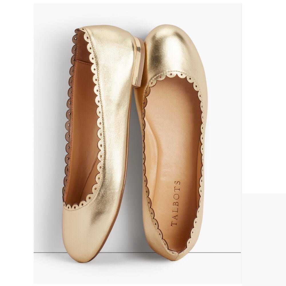 Talbots Penelope Gold Metallic Leather Scalloped Ballet Flats Size 7 Preppy chic